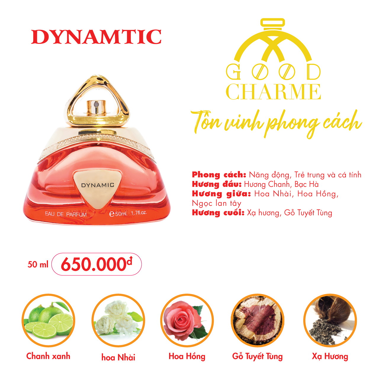 Nước hoa nữ cao cấp Charme Dynamic 50ml hương chang vàng tươi mát lưu hương lâu cho những cô nàng năng động