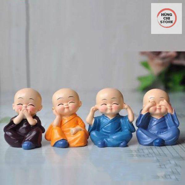 Bộ 4 tượng chú tiểu bốn hòa thượng tứ không mini để ô tô bàn làm việc đẹp bằng sứ an lạc