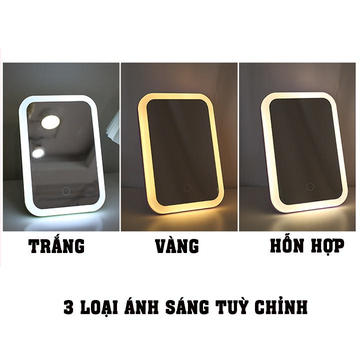 Gương để bàn cảm ứng đèn LED với 3 chế độ màu, Gương trang điểm mini cao cấp