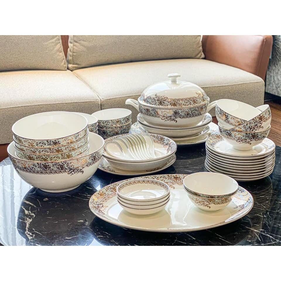 Set bát sứ Imperial 50 món xanh ngọc dây vàng, mẫu mới 2023, Bộ bát sứ hoa văn cao cấp, nhập Đức