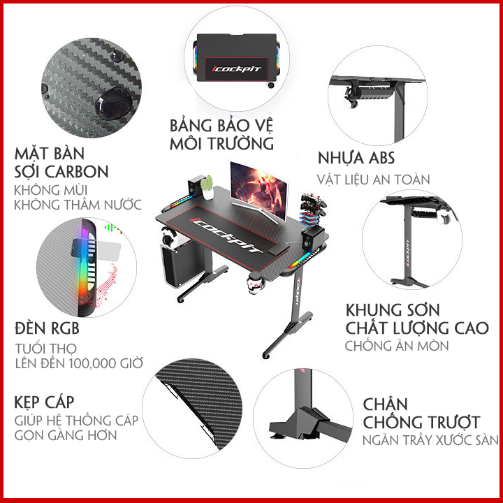 Bàn Gaming Sợi Cacbon. Bàn Chơi Game Cao Cấp. Bàn Game Đèn LED RGB Cảm Biến Âm Thanh. Tặng 1 Pad Chuột