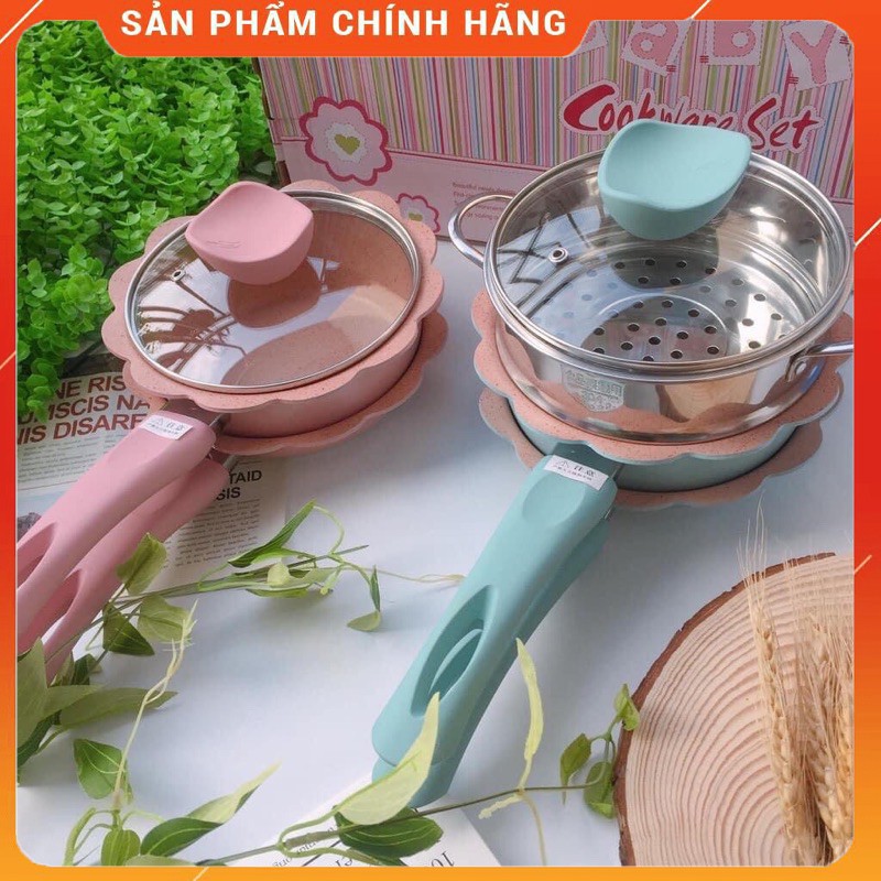 Bộ Nồi Chảo Ăn Dặm Cho Bé Chống Dính 16cm, Set Nồi Chảo Nấu Đồ Ăn Dặm Cho Bé Kèm Xửng Hấp Tặng Kèm Muỗng