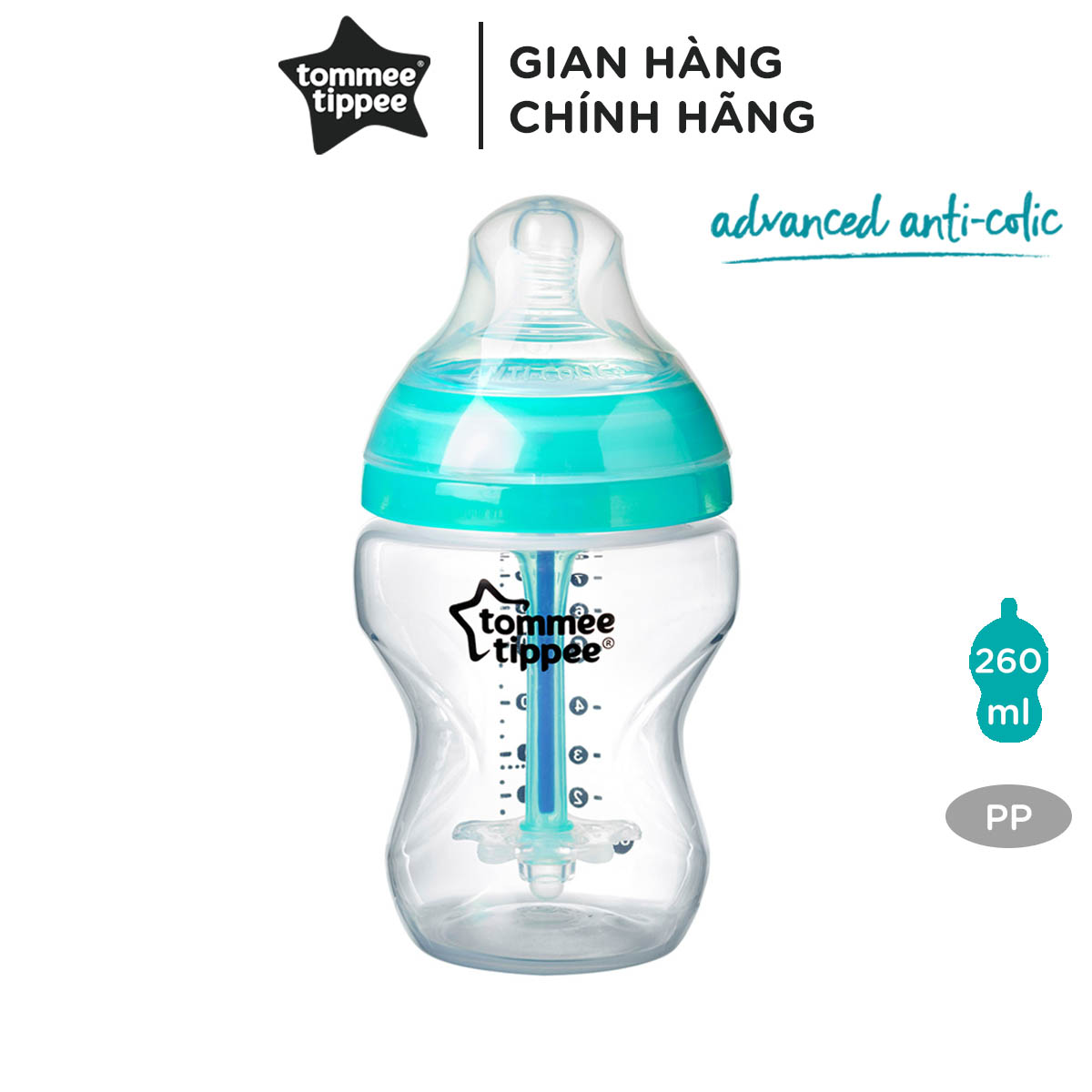 Bình sữa siêu chống đầy hơi kèm báo nhiệt Tommee Tippee Advanced Anti-Colic 260ml, núm ty đi kèm 0-3 tháng