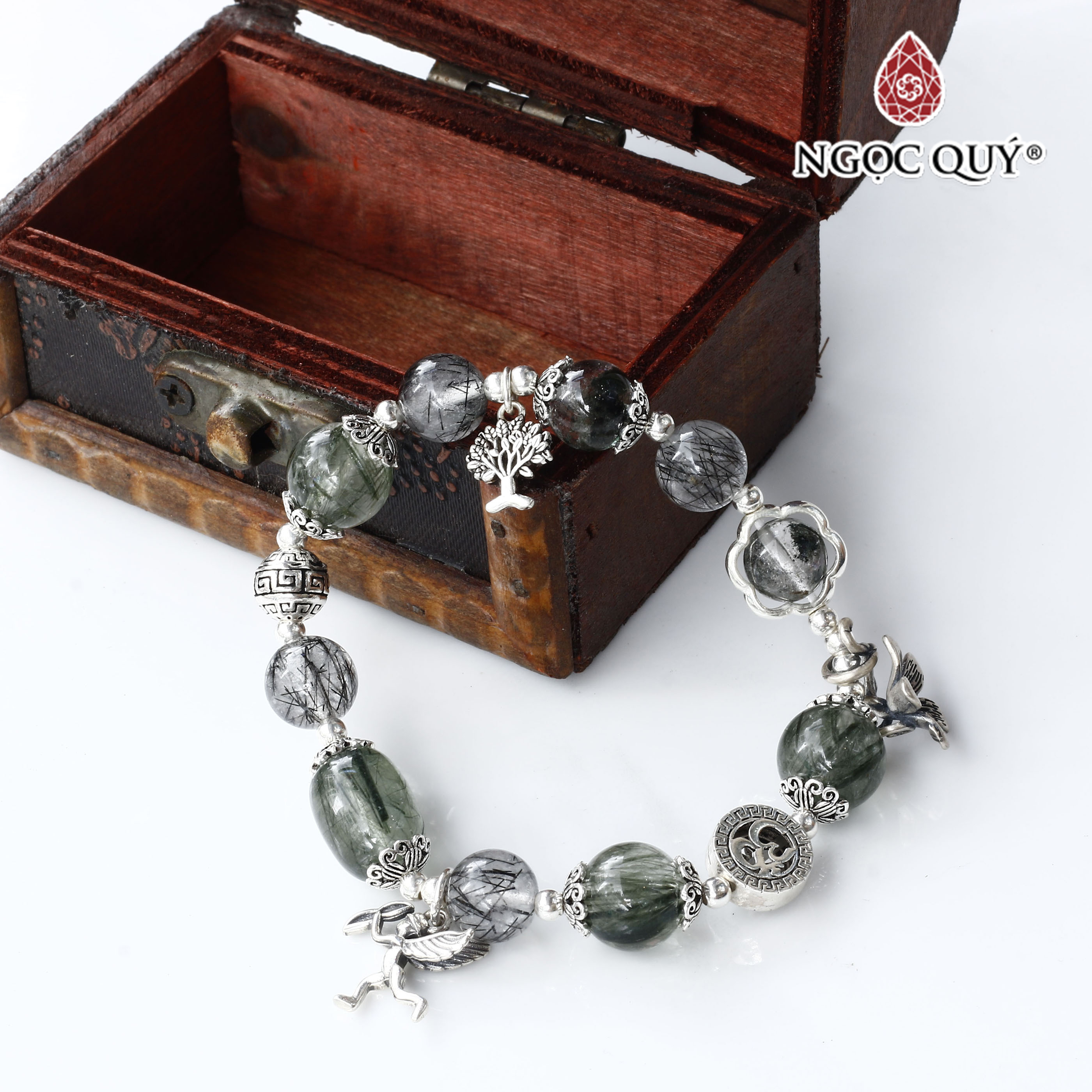 Vòng tay đá thạch anh tóc đen phối hạt hình lu thống tóc xanh charm bạc chữ OM - Ngọc Quý Gemstones