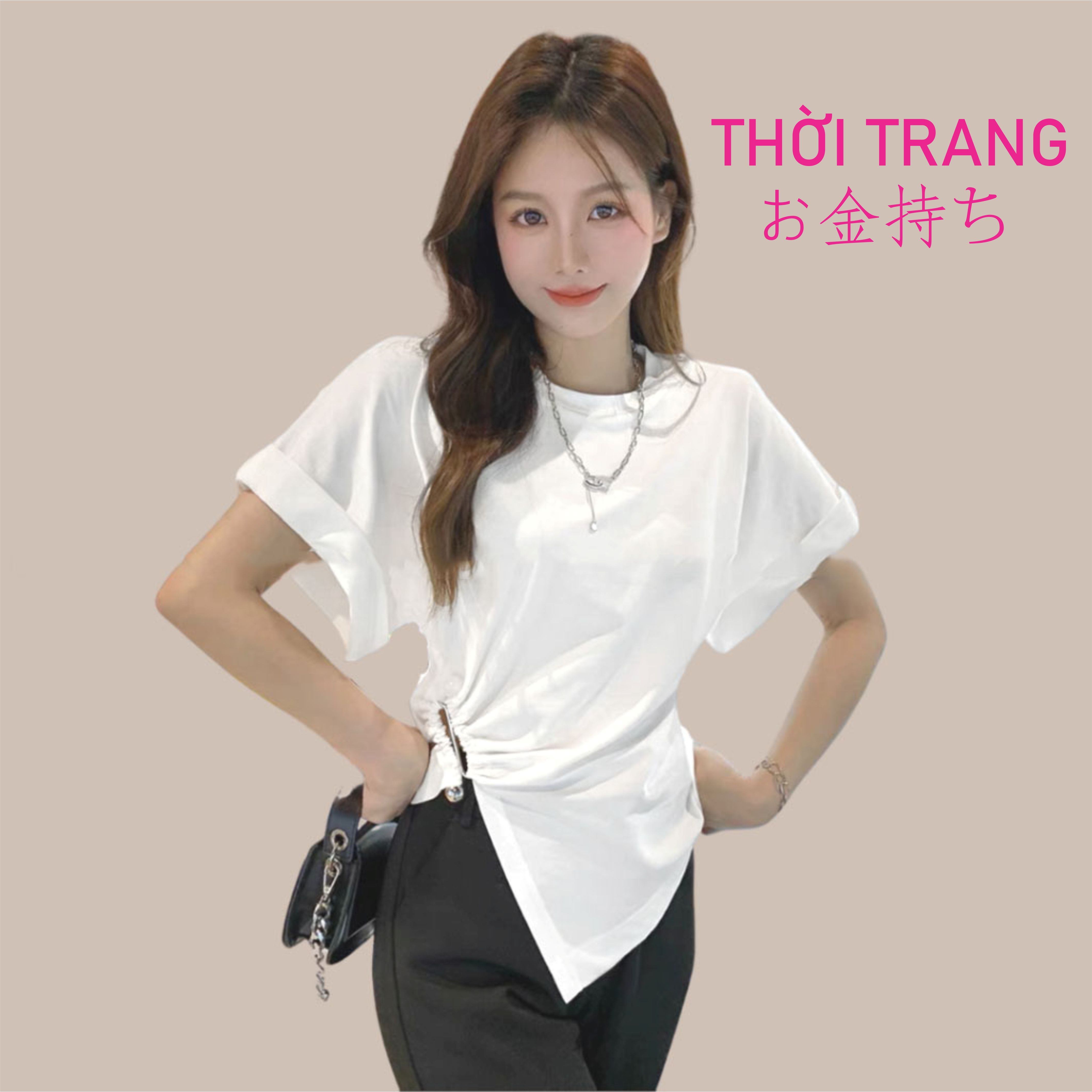 Áo thun nữ おかねもち áo thun trơn cổ tròn tay hến nhún eo đính ngọc