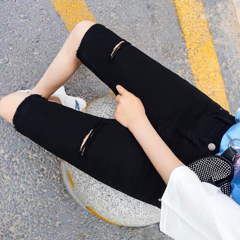 Quần jean ngố lửng BIG SIZE đen tuyền lưng cao co dãn mạnh 3225