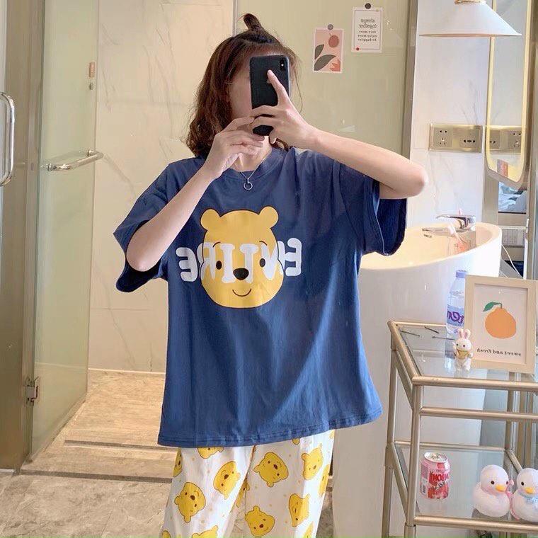 Set bộ đồ dành cho nữ, in hình gấu vàng dễ thương, áo cộc tay quần dài chất thun cotton mềm mại mát mẻ