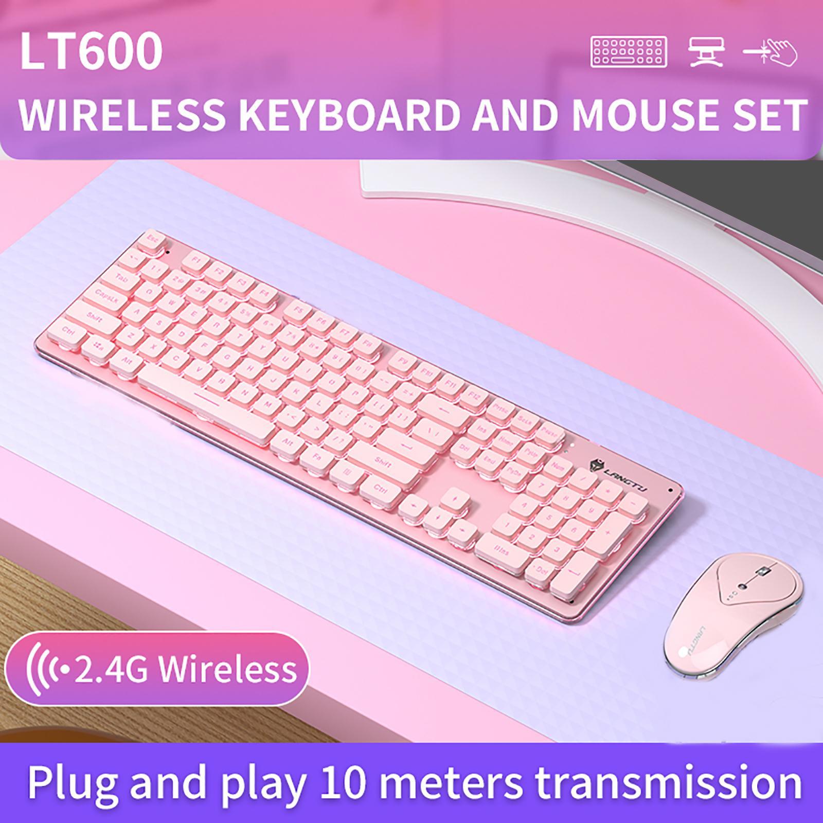 Portable 2.4G Wireless Keyboard Mouse Set 104 Keys USB Charging Pink White