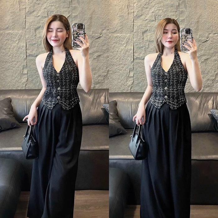 SET ÁO CROPTOP DÂY YẾM VẢI DẠ + QUẦN DÀI ỐNG RỘNG LƯNG CAO SUÔNG ĐỨNG ĐẦM MIDI MAXI ĐI TIỆC ĐI CHƠI DẠO PHỐ ĐI BIỂN