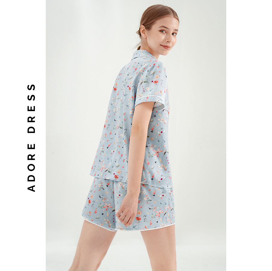 Pijamas tay cộc quần short lụa blue in hoa 311HO2001 ADORE DRESS