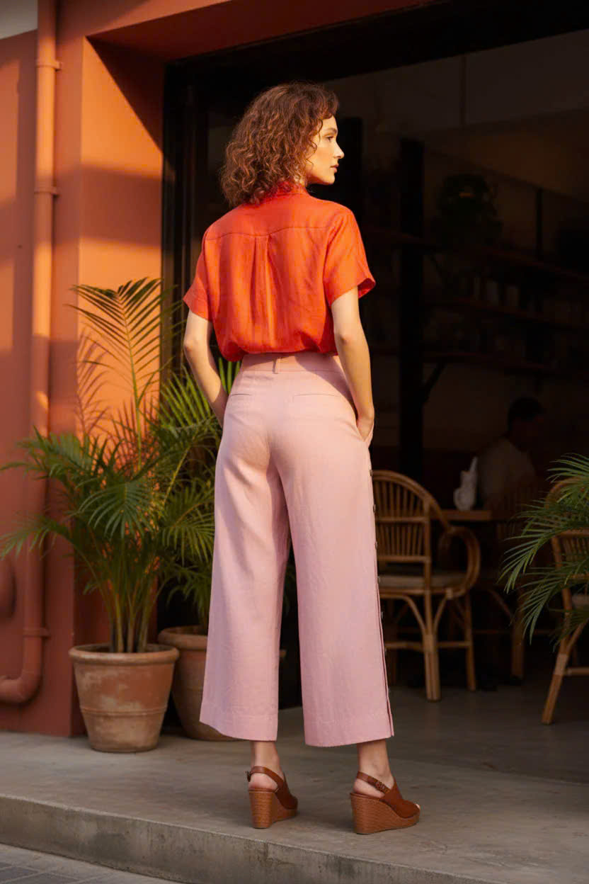 Quần Ống Rộng Xẻ Linen Anh Đào, Quần Culottes Ống Rộng Xẻ Đính Nút Linen Hồng Pan068