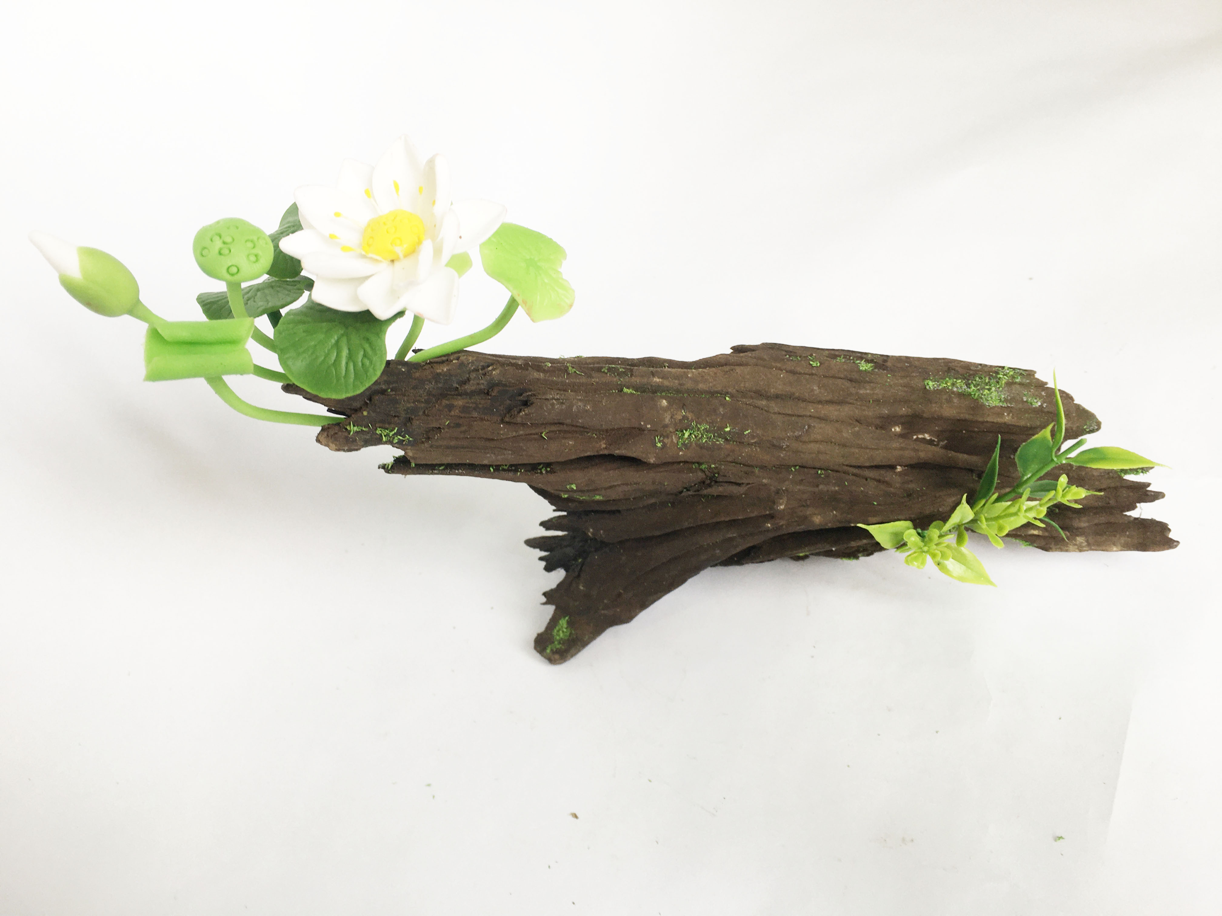 Lũa gỗ hình dáng tự nhiên kết hợp Hoa sen đất sét mini  - Quà tặng trang trí handmade