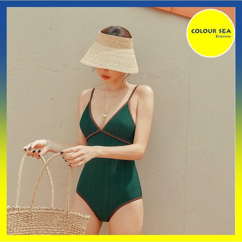 Bikini 1 mảnh xanh lá viền nâu thời trang che khuyết điểm