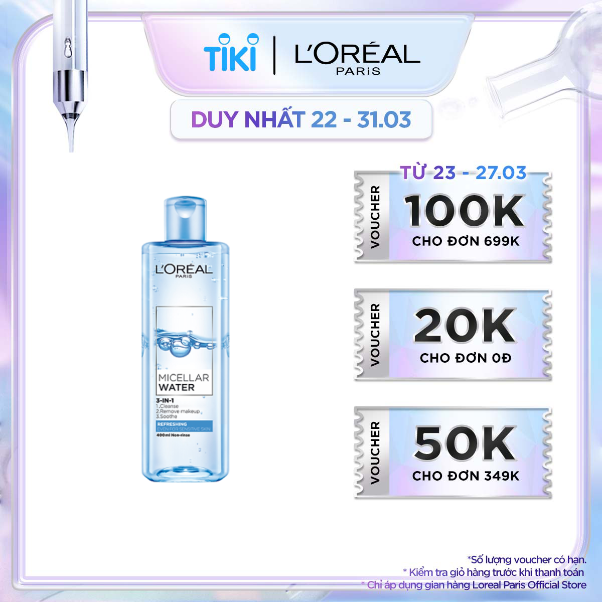 Nước tẩy trang Loreal Micellar Water 3-in-1 Refreshing Even For Sensitive Skin