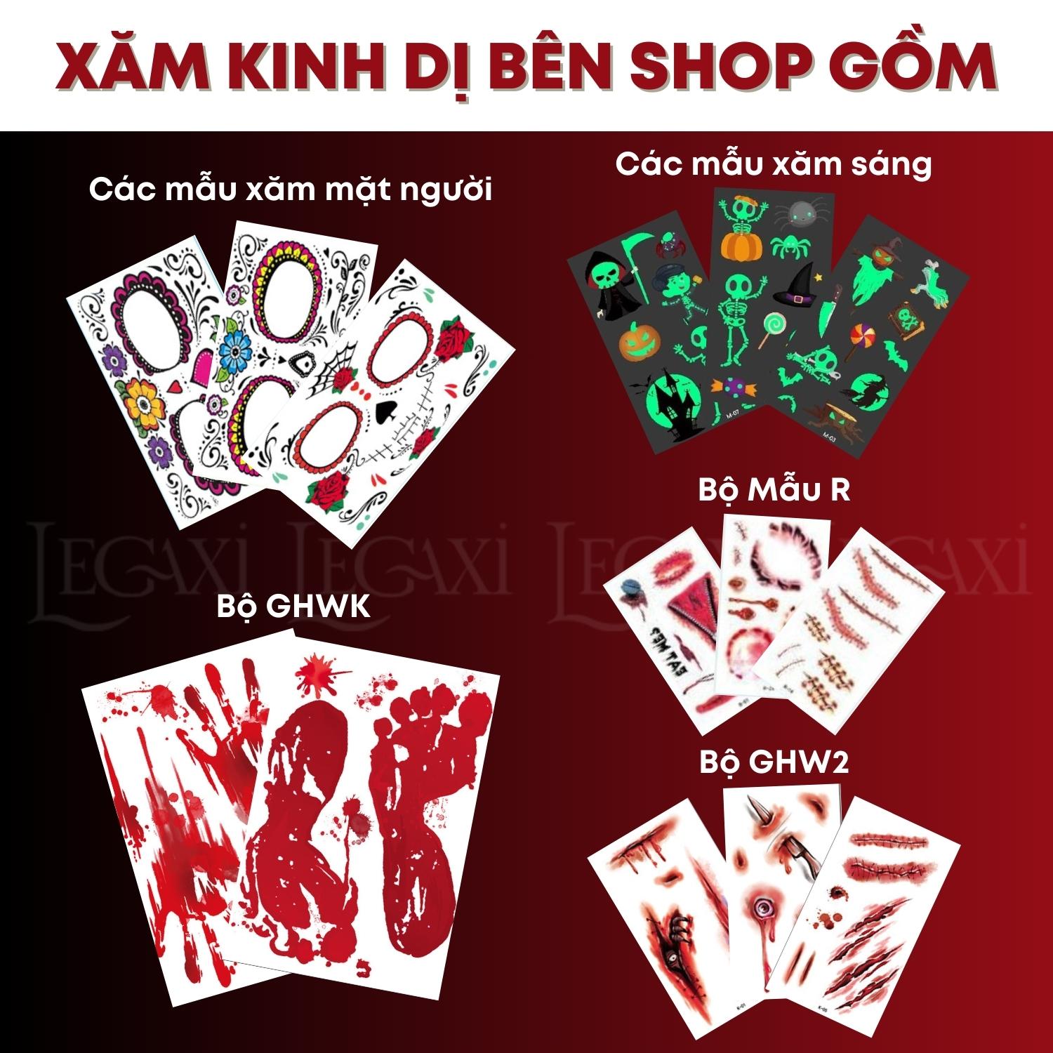 Hình xăm giả kinh dị hóa trang phát sáng hoa hồng đầu lâu nhện vết sẹo vết khâu chảy máu tròng mắt vết chân tay Legaxi