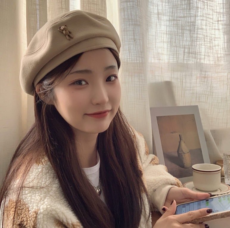 Mũ nồi beret vải nữ tính gắn gấu dễ thương Vintage đội đầu phối đồ đi học đi chơi thu đông xinh giá rẻ