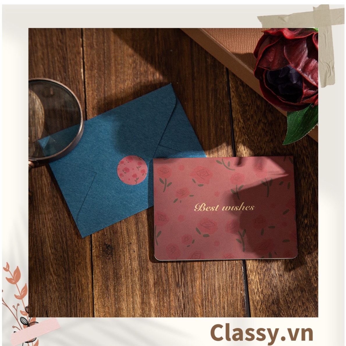 Thiệp Cổ điển Vintage in họa tiết hoa nhí giấy art sang trọng kèm phong bì giấy kraft nâu Q724
