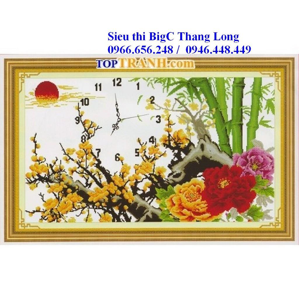 Tranh thêu chữ thập đồng hồ hoa mai vàng có mẫu đơn và trúc 222828