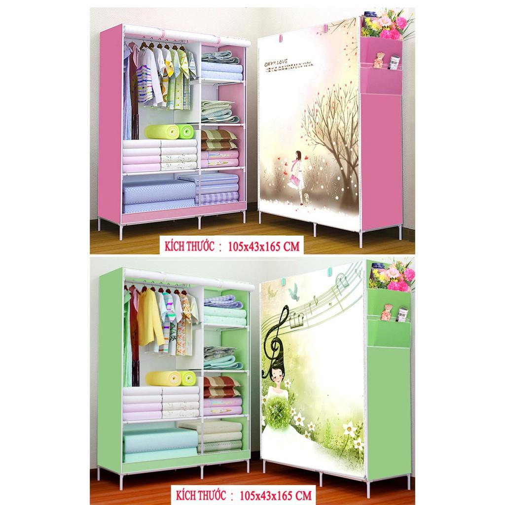 Tủ vải 2 buồng 6 ngăn khung Inox đựng quần áo họa tiết 3D