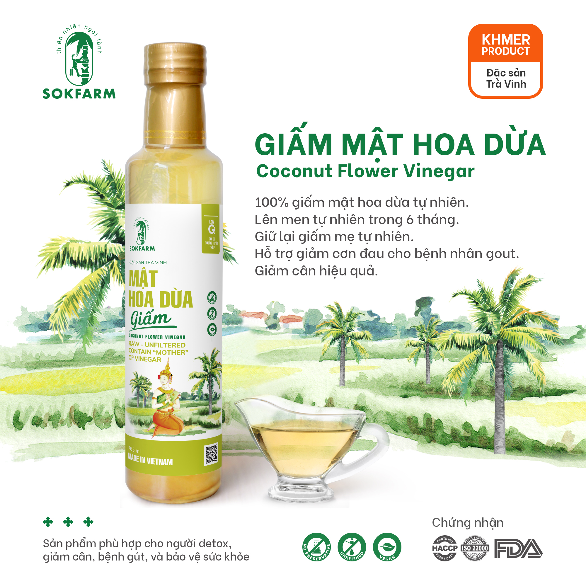 Dấm mật hoa dừa Sokfarm - Bổ sung lợi khuẩn, kích thích tiêu hóa, hỗ trợ giảm đau cho người bị GUT, lên men tự nhiên trong vòng 6 tháng