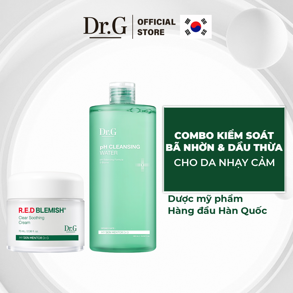 Combo Dr.G Kem dưỡng R.E.D Blemish Clear Soothing Cream 70ml và Nước tẩy trang PH Cleansing Water 490ml