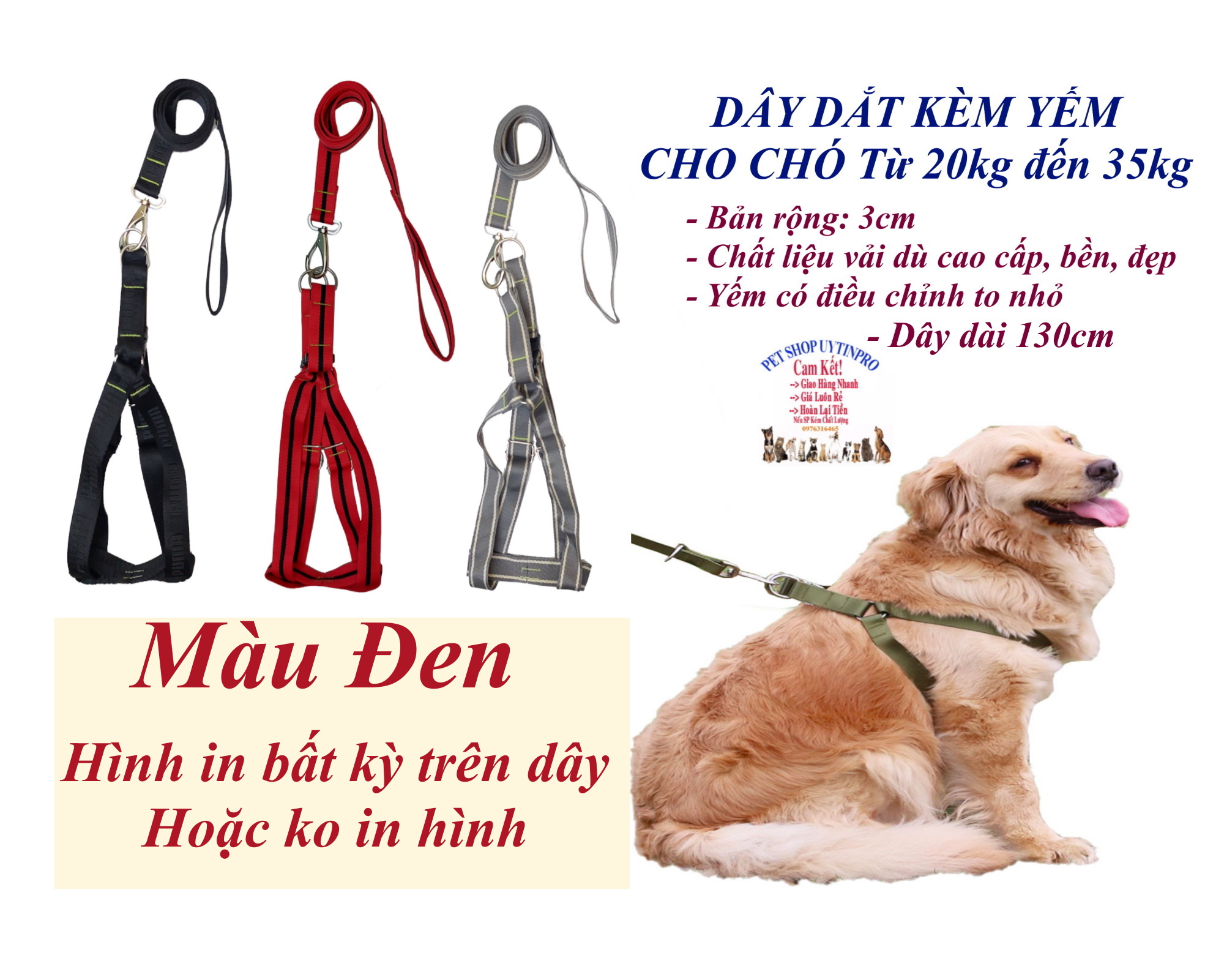 Dây dắt kèm yếm cho Chó từ 20kg đến 35kg Bản rộng 3cm Dây dài 130cm Chất liệu vải dù cao cấp, bền đẹp, an toàn