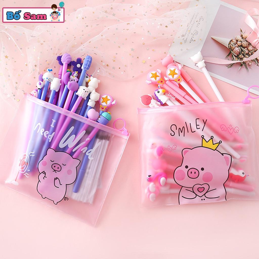 Set 20 bút bi cute mực nước nhiều màu kèm túi Zip Shop Bố Sam