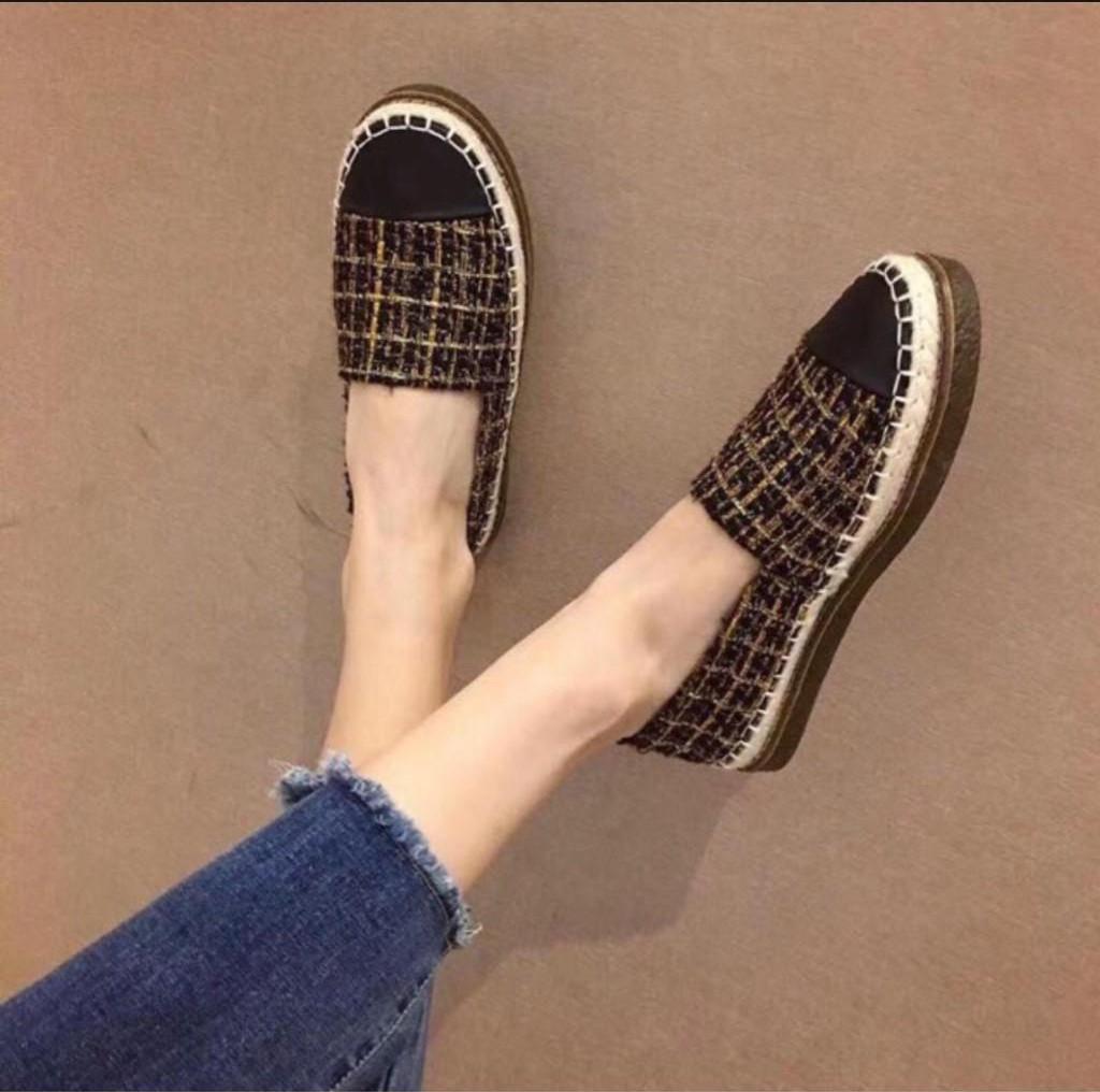 Giày lười slip on nữ vải dạ phối da xinh xắn