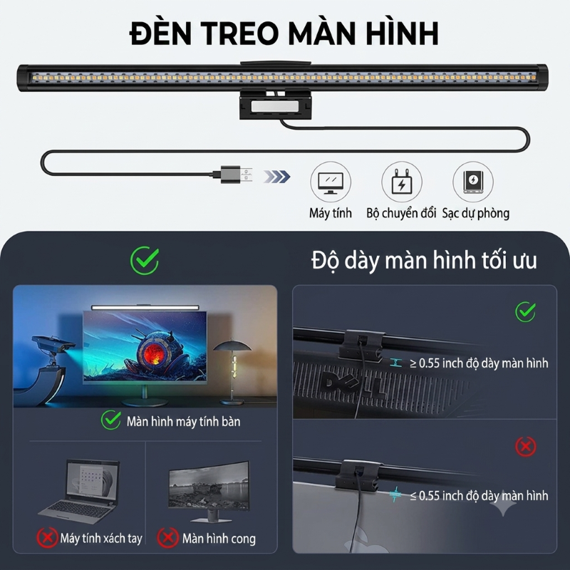 Đèn Led Treo Màn Hình C105 RGB Gắn Nam Châm Cảm Ứng 3 Chế Độ Màu USB Cho Máy Tính - Hàng Nhập Khẩu