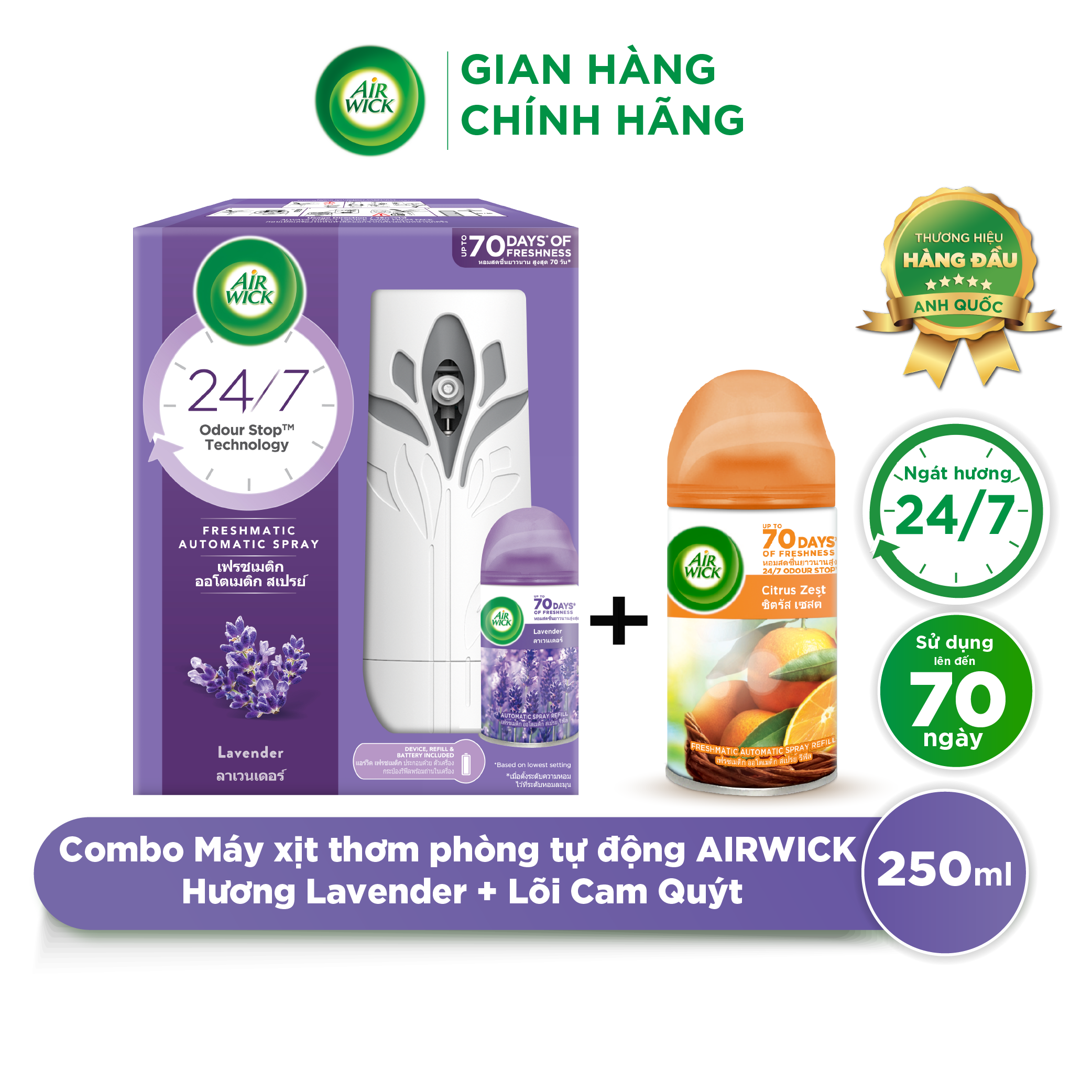 Bộ máy xịt thơm phòng tự động AIRWICK hương Lavender và Lõi Cam Quýt, tinh dầu thiên nhiên, khử mùi hiệu quả 24/7