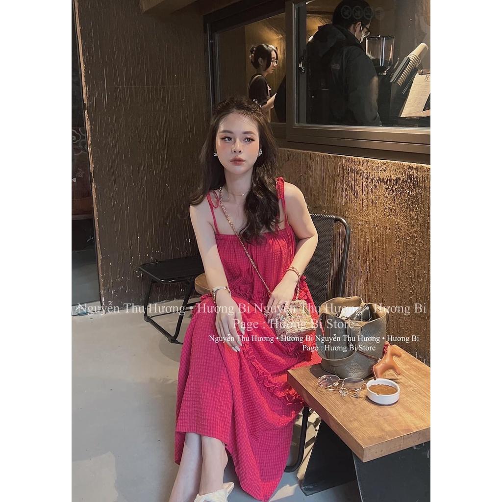 VÁY ĐI CHƠI, VÁY MAXI KẺ 2 DÂY DÁNG XÒE TẦNG CỰC HOT HIT - đen