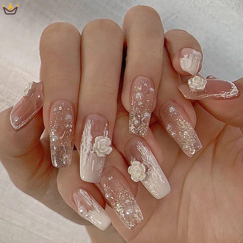 Miếng Dán Trang Trí Móng Tay Đính Ngọc Trai Giả Xinh Xắn