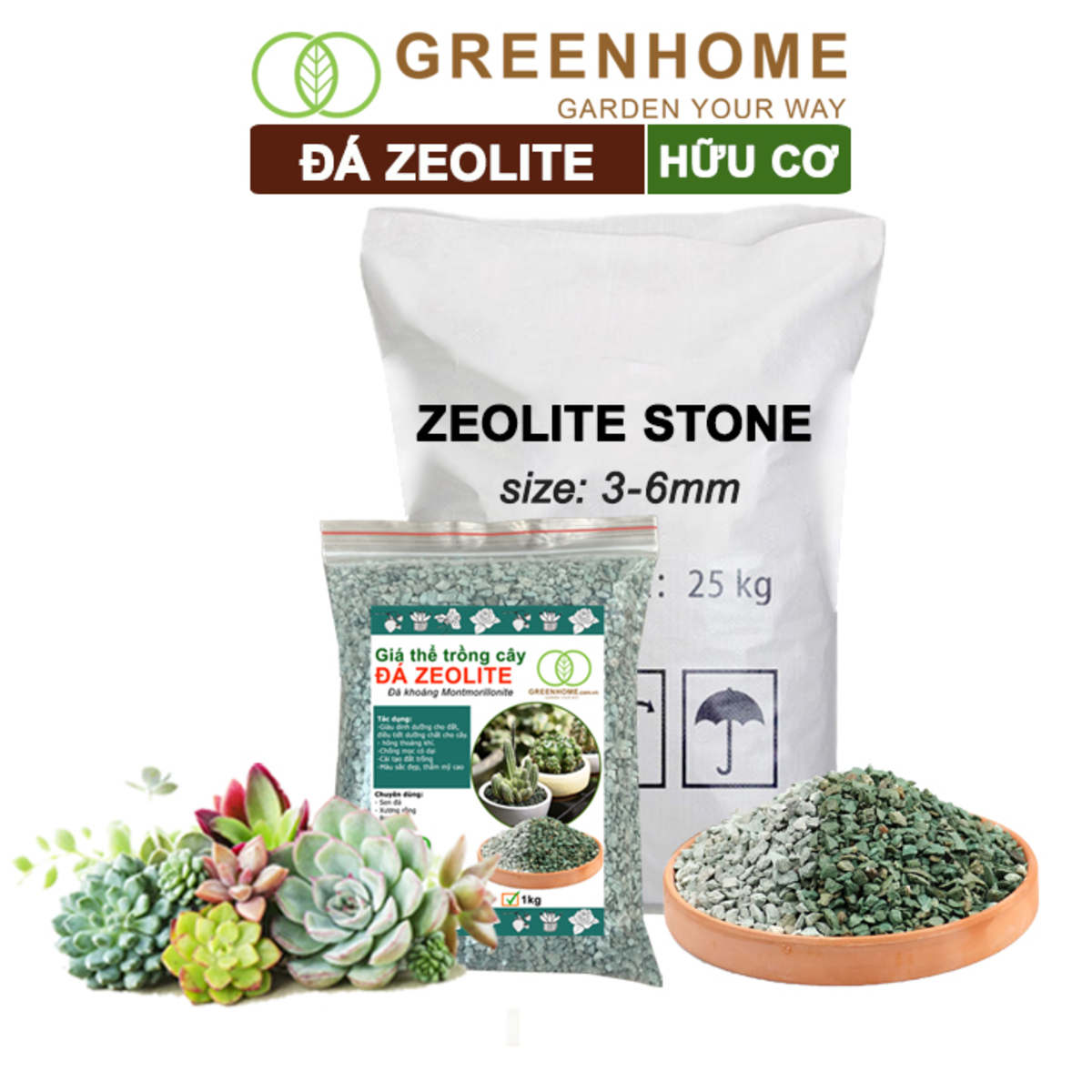 Đá zeolite Greenhome,  size 3-6mm, rãi mặt, giá thể, sen đá, xương rồng, hồ thuỷ sinh