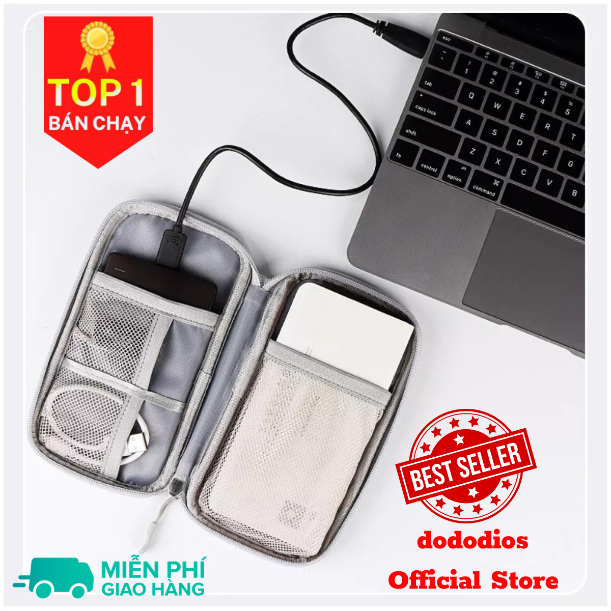 Túi đựng phụ kiện công nghệ đựng pin sạc dự phòng, điện thoại, cáp sạc usb, tai nghe có quai cầm, [Loại cao cấp - Màu Đen] Túi Đựng Phụ Kiện Công Nghệ Có Quai Cầm, Chống Nước - Hàng Chính Hãng dododios