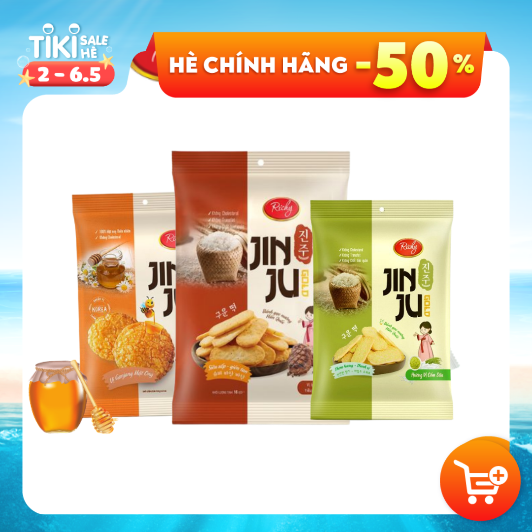 Combo Snack Ăn Vặt Giòn Tan Gồm 3 Gói Bánh Gạo JinJu Hương Vị Bò Nướng Tiêu, Cốm Sữa Và GanJang Mật Ong