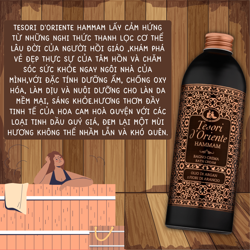 Sữa Tắm Tesori D'Oriente HAMMAM Tinh Dầu Argan Chính Hãng ( Tuýp 250ml - Chai 500ml kèm vòi nhập khẩu trực tiếp từ Ý )