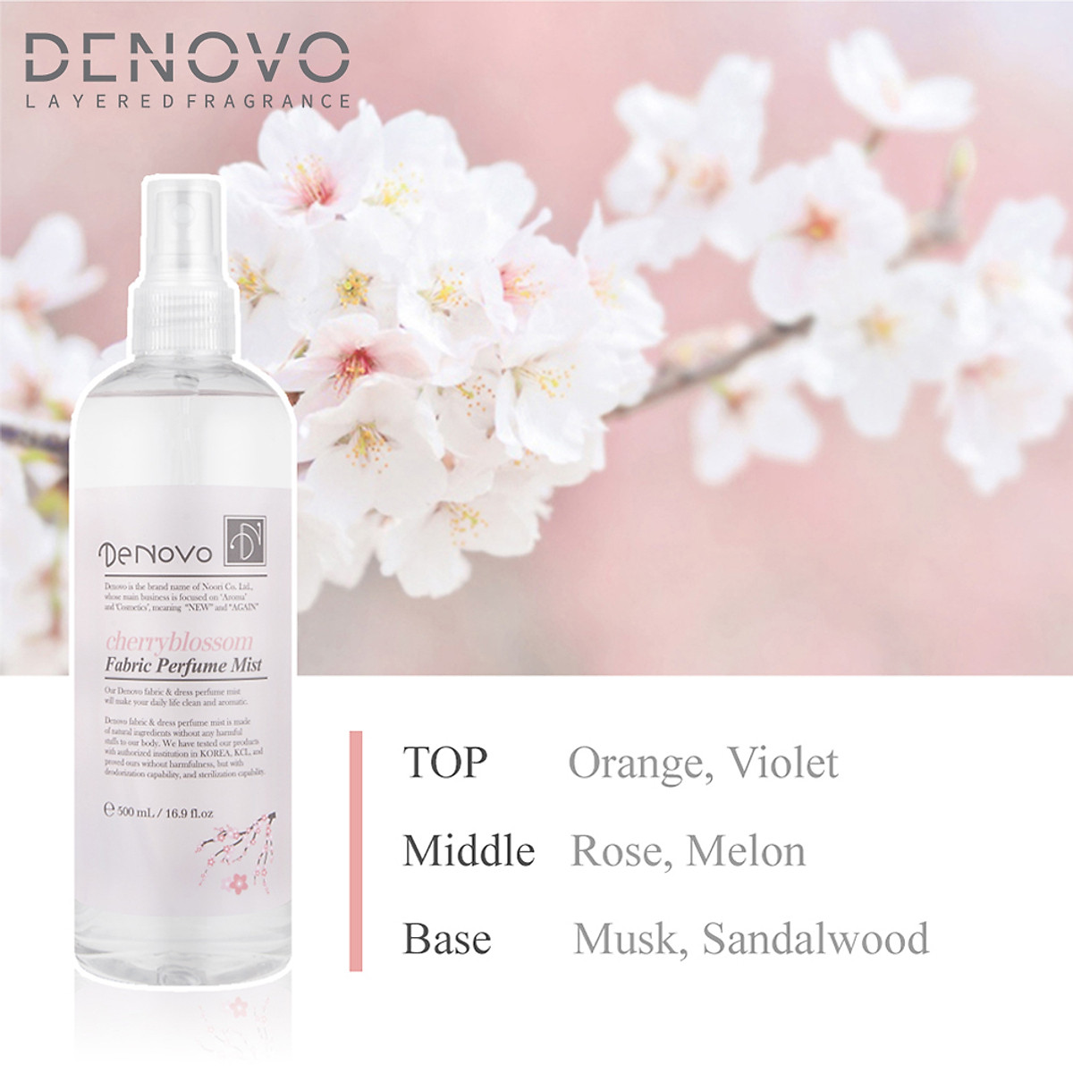 Nước xịt thơm hương nước hoa DENOVO Hàn Quốc hương Cherry Blossom - Xịt khử mùi quần áo, mùi phòng, mùi cơ thể chính hãng