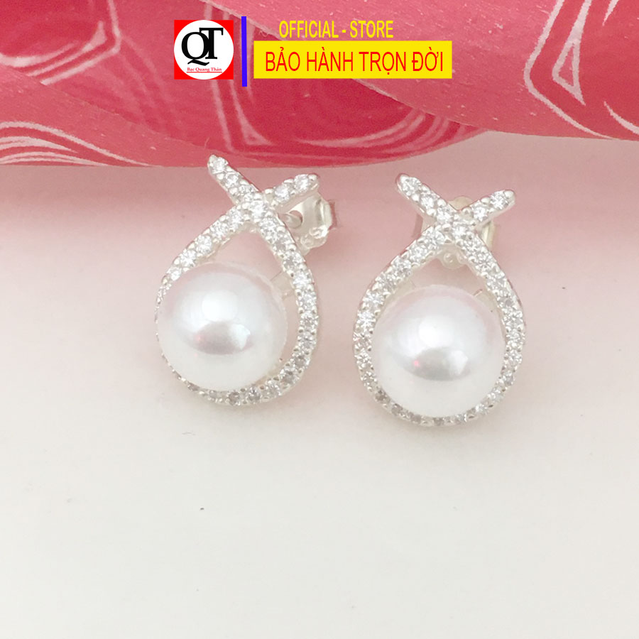 Khuyên tai nụ ngọc chất liệu bạc ta chốt đeo sát tai gắn đá cao cấp trang sức Bạc Quang Thản - QTBT139