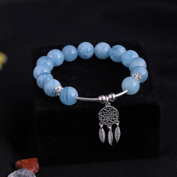 Vòng tay phong thủy đá Aquamarine 10 ly Mix Charm Dreamcatcher Bạc 925