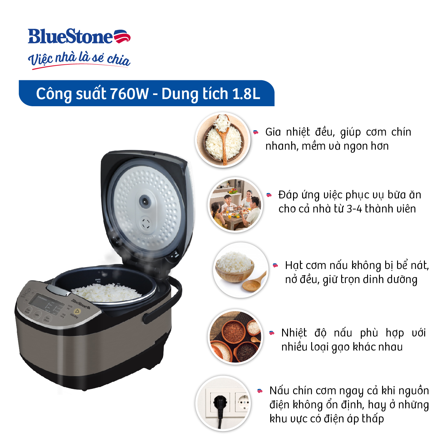 Nồi Cơm Điện Tử BlueStone RCB-5938 (1,8 Lít) - Hàng chính hãng