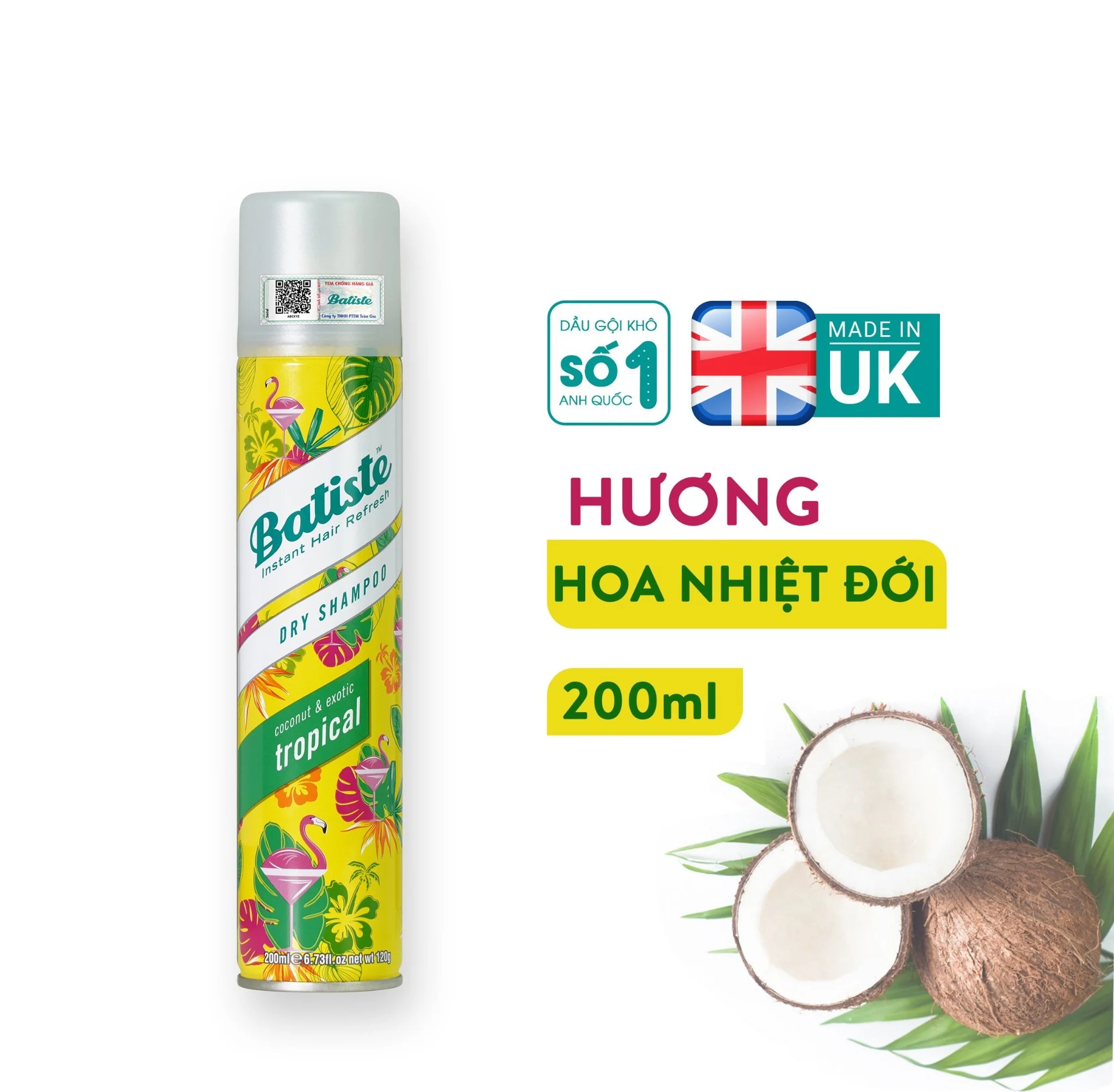 Dầu Gội Khô Batiste Dry Shampoo TROPICAL Coconut & Exotic 200ml