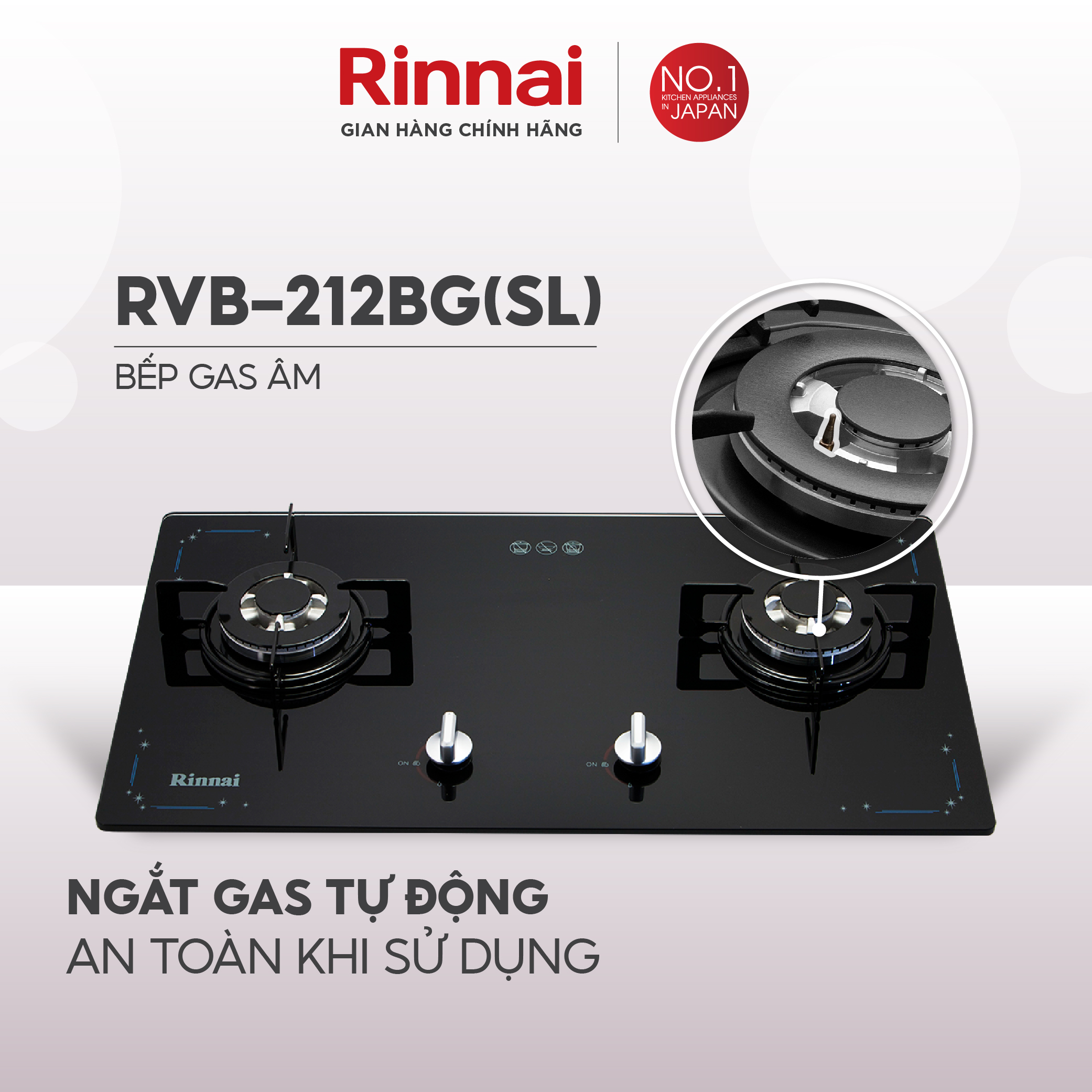 Bếp gas âm Rinnai RVB-212BG mặt bếp kính và kiềng bếp men - Hàng chính hãng.