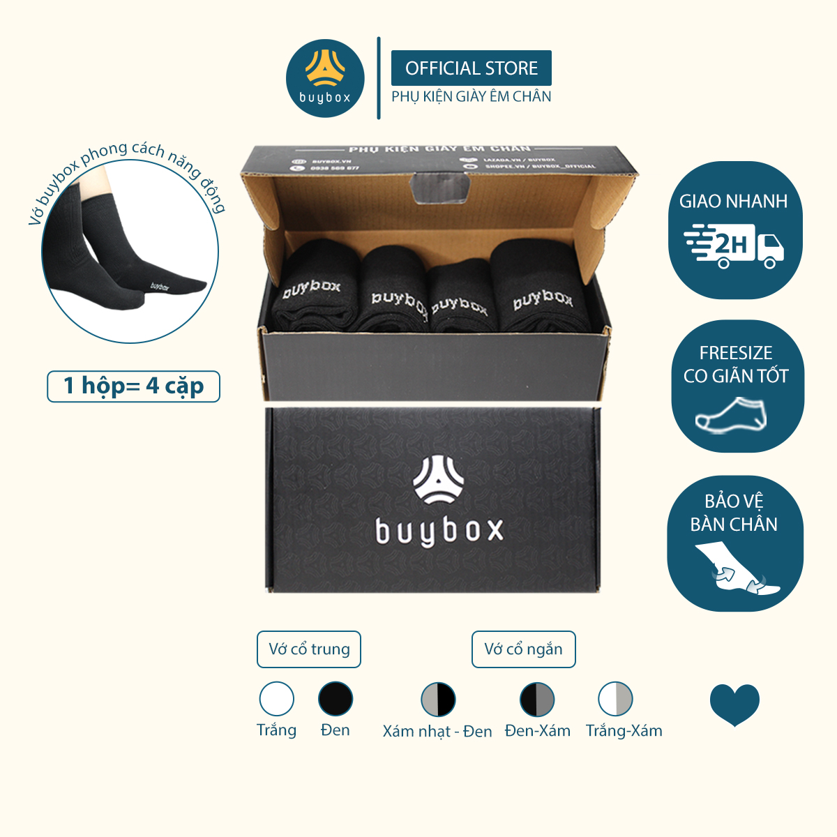 Combo 4 đôi vớ ngắn buybox phong cách unisex, chất liệu cao cấp, thoáng khí, thoải mái khi mang - BuyBox - BBPK214