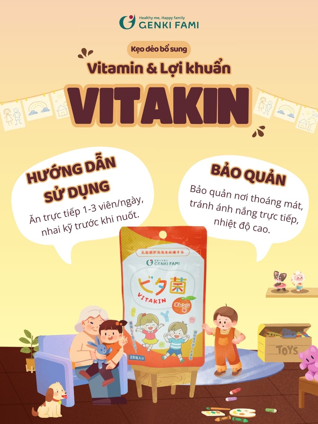 Kẹo Dẻo Vị Cam Bổ Sung Vitamin và Lợi Khuẩn Genki Fami Nhật Bản Gói 28 Cái