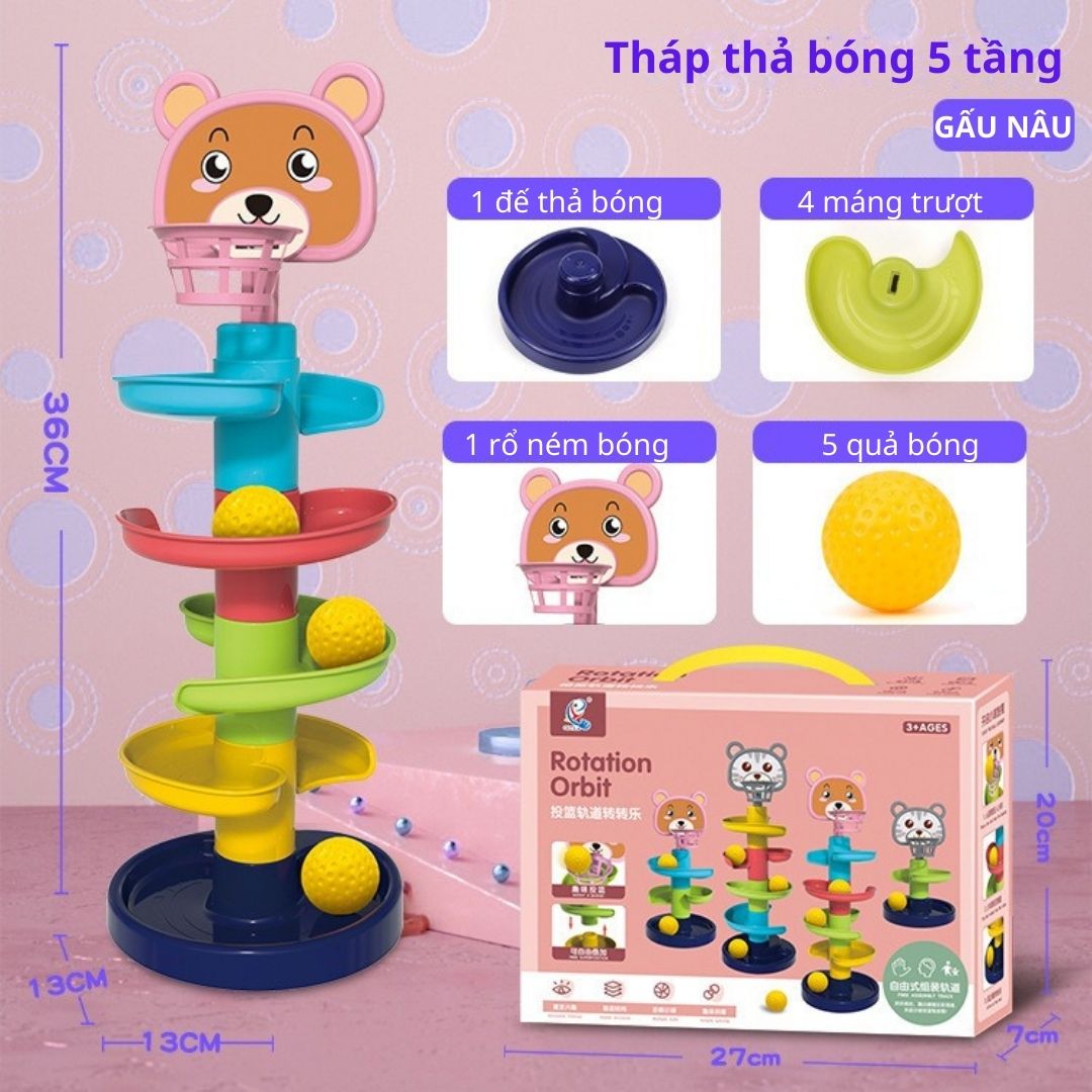 Đồ chơi trẻ em Tháp bóng lăn, cầu trượt thả bóng xoay vòng nhiều 7 tầng 7 bóng EASYTOYS giú