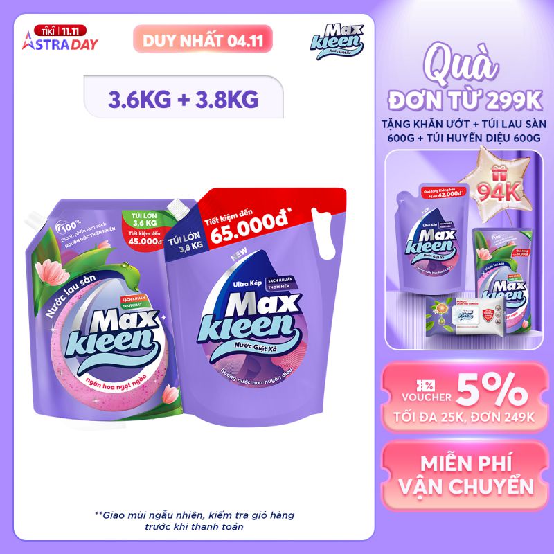 Combo Túi Nước Lau Sàn 3.6kg Ngàn hoa ngọt ngào + Túi Nước Giặt Xả MaxKleen 3.8kg Huyền Diệu