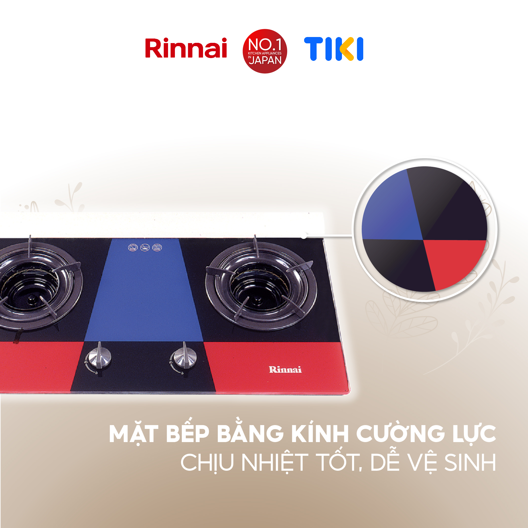 Bếp gas âm đầu đốt trong Rinnai RVB-2Gi(MC) mặt bếp kính và kiềng bếp men - Hàng chính hãng