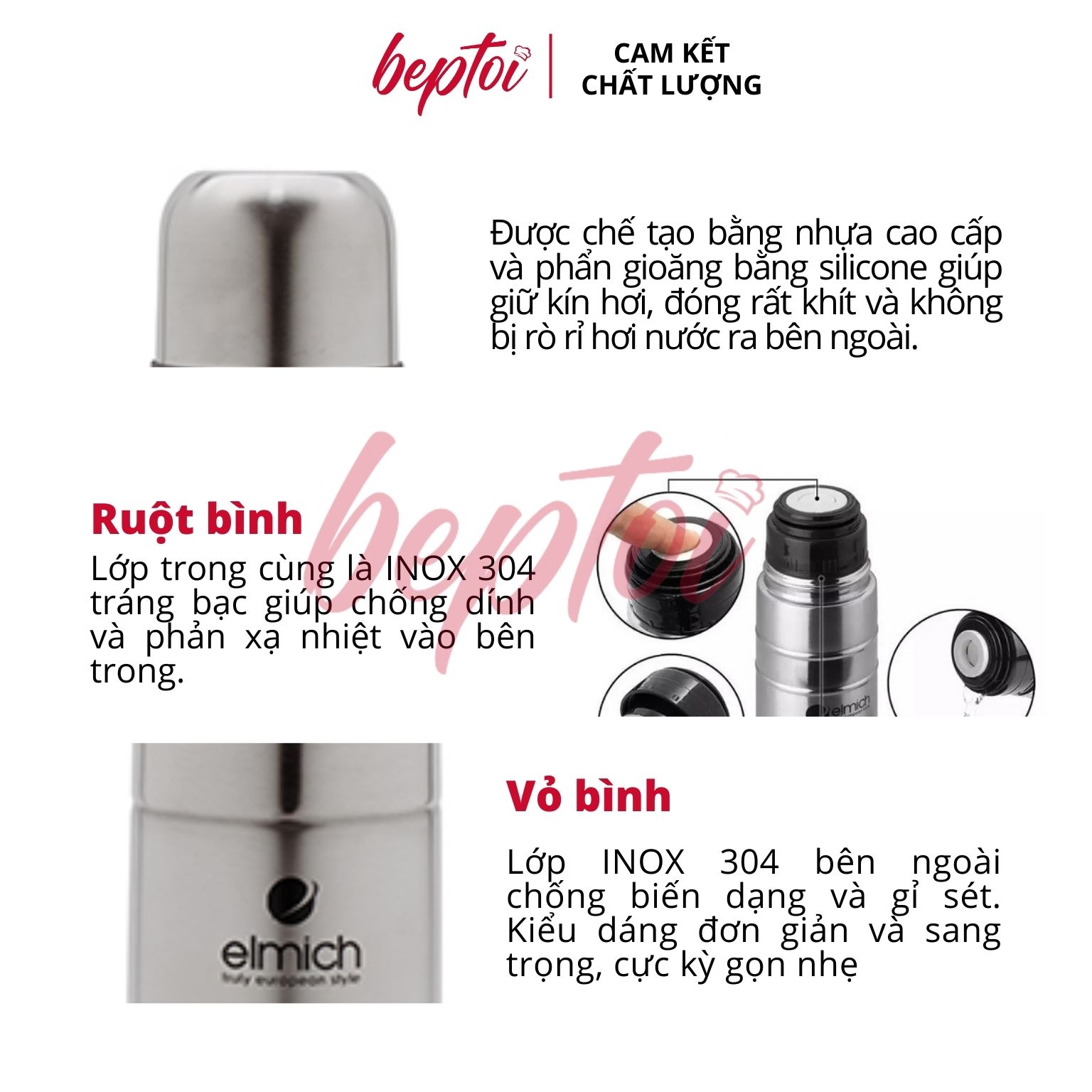 Bình giữ nhiệt nóng lạnh Elmich lõi Inox 304 tráng bạc 500 - 750 - 1000ml - Chất lượng Châu Âu