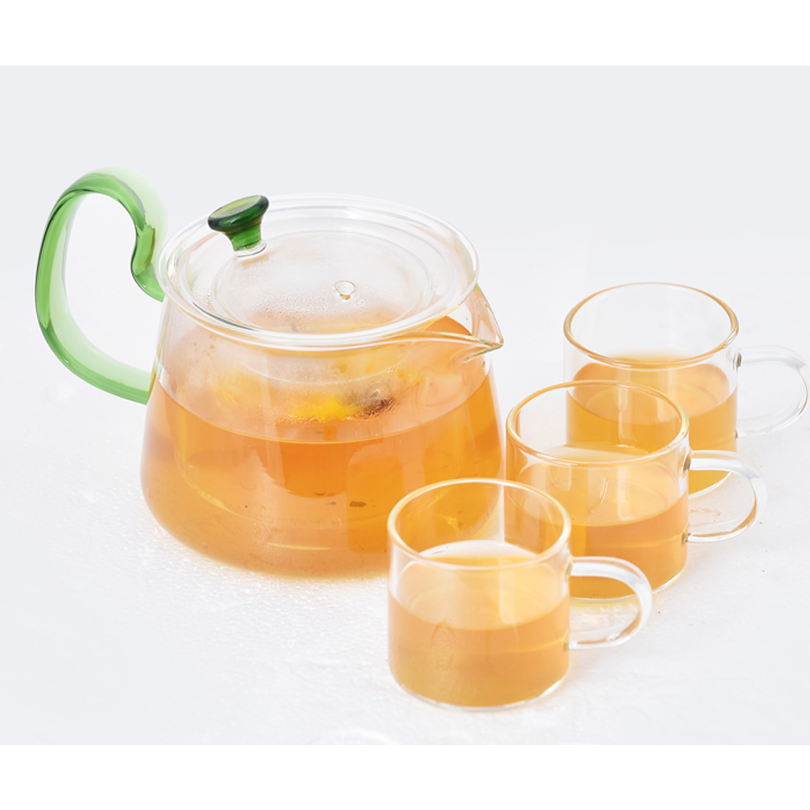 Bộ Ấm Thủy Tinh Chịu Nhiệt Quai Xanh Cao Cấp Kèm 6 Chén Và Khay Gỗ Sang Trọng