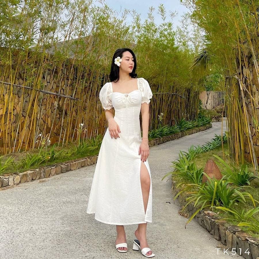 Đầm xòe xẻ tà tay phồng khoét ngực buộc dây có 3 màu